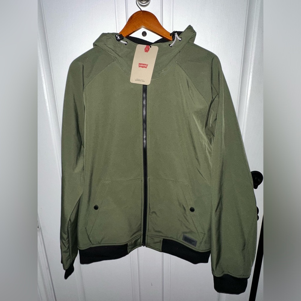 Levi Strauss Soft Shell Hoodie Bomber Jacket Men's XL Green Thyme Zip Front New